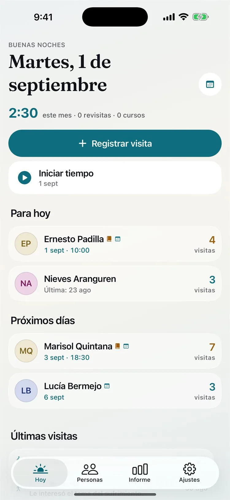 Callbook today view with the month's hours and the visits scheduled for today