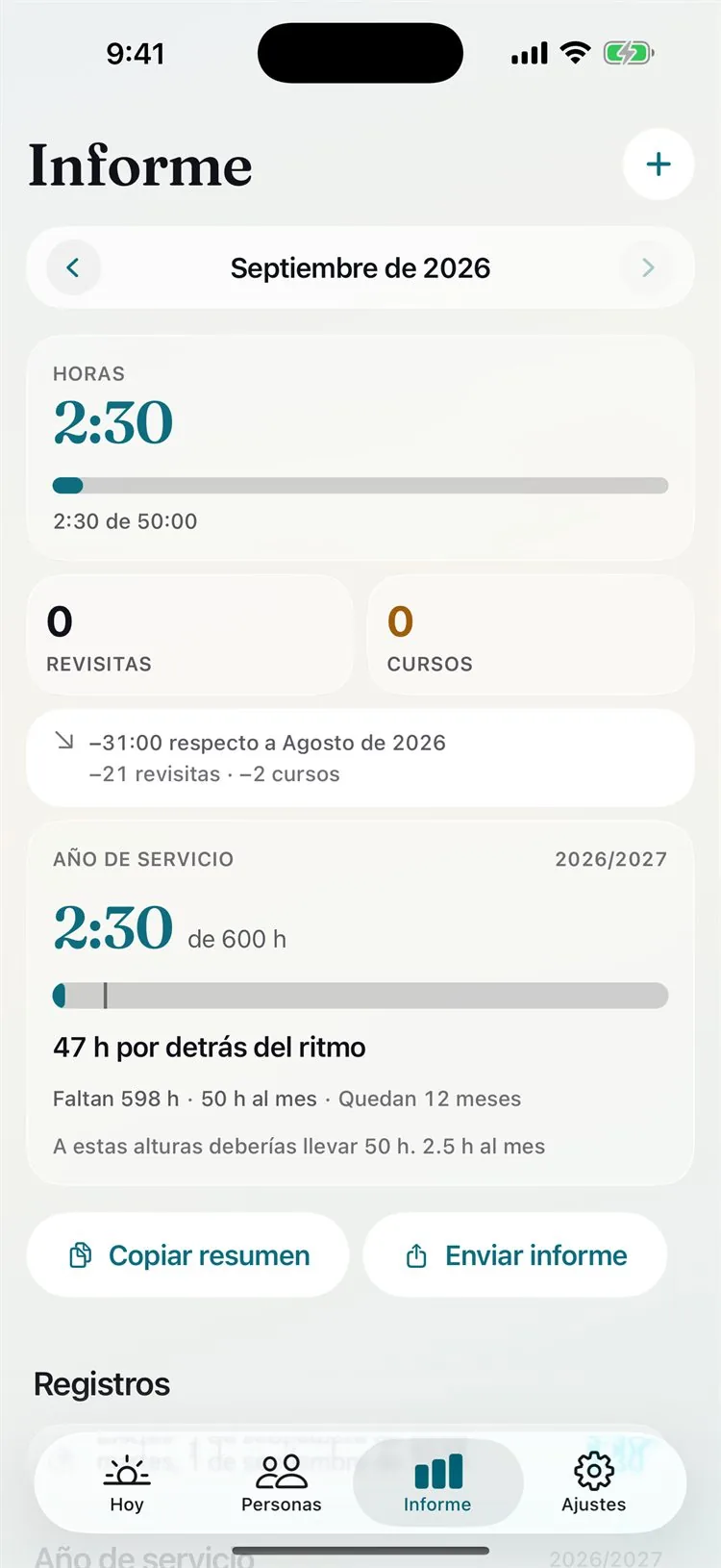 Callbook monthly report with hours, return visits, and service-year pace