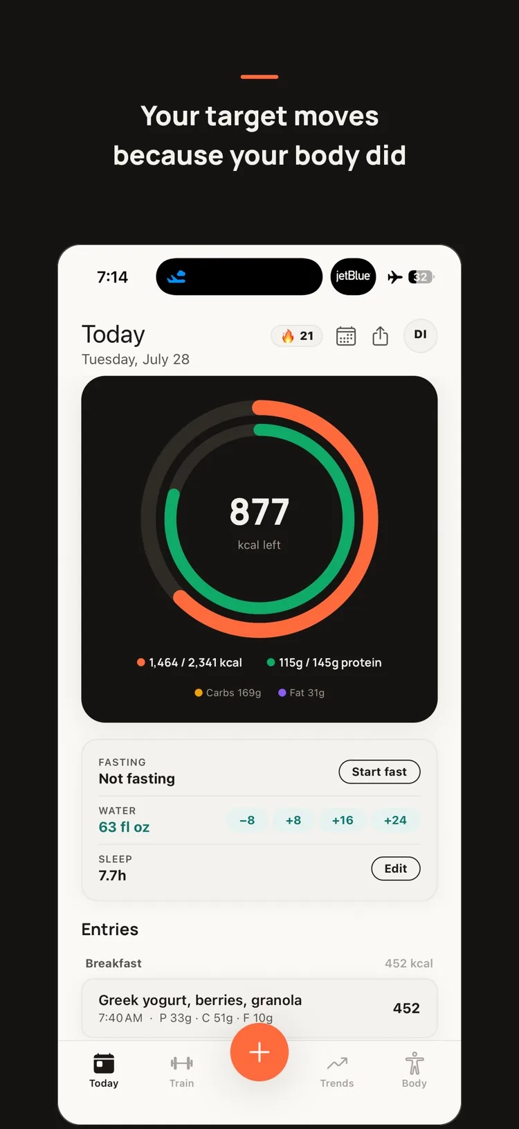 Ignia today view with calorie and protein rings and an adaptive target