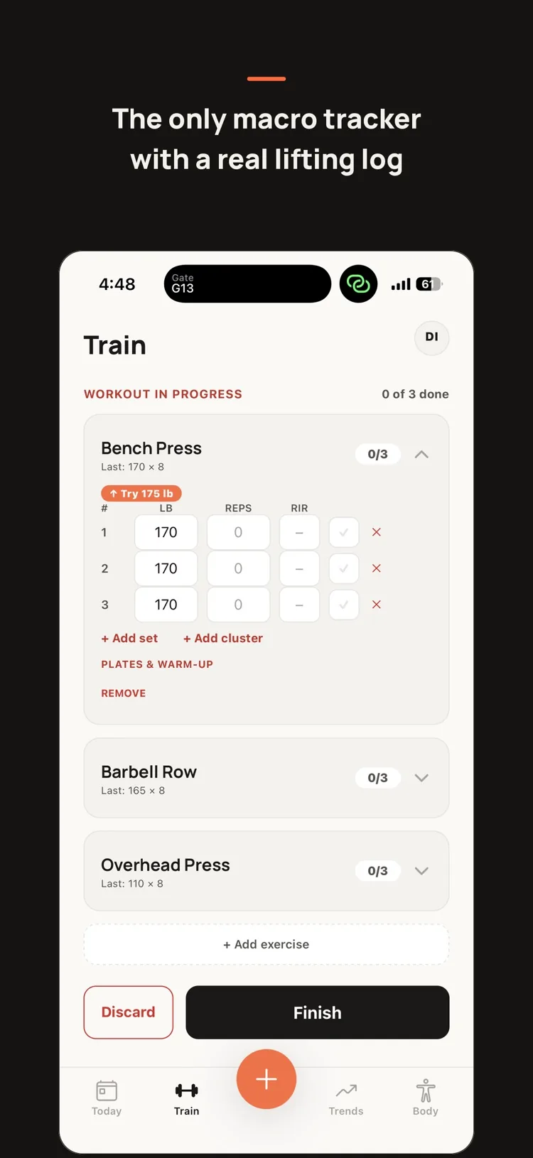 Ignia lifting log with sets, reps, and load suggestions