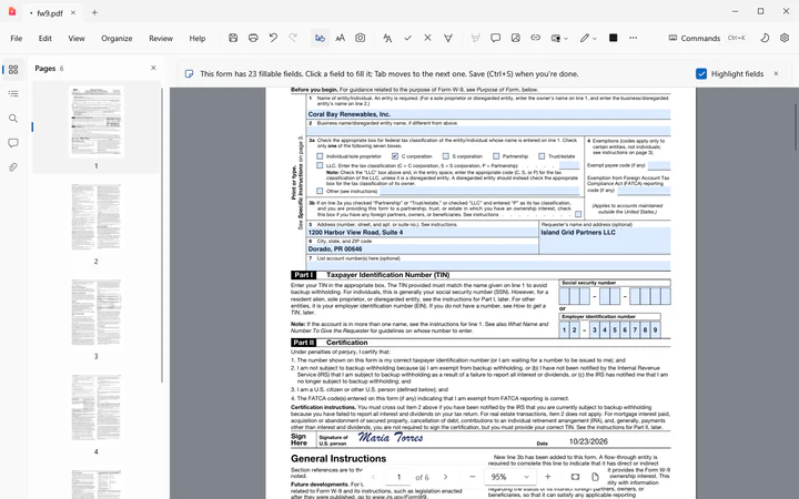 Inkvolt PDF filling a sample W-9 form: typed fields, a checked box and a handwritten signature