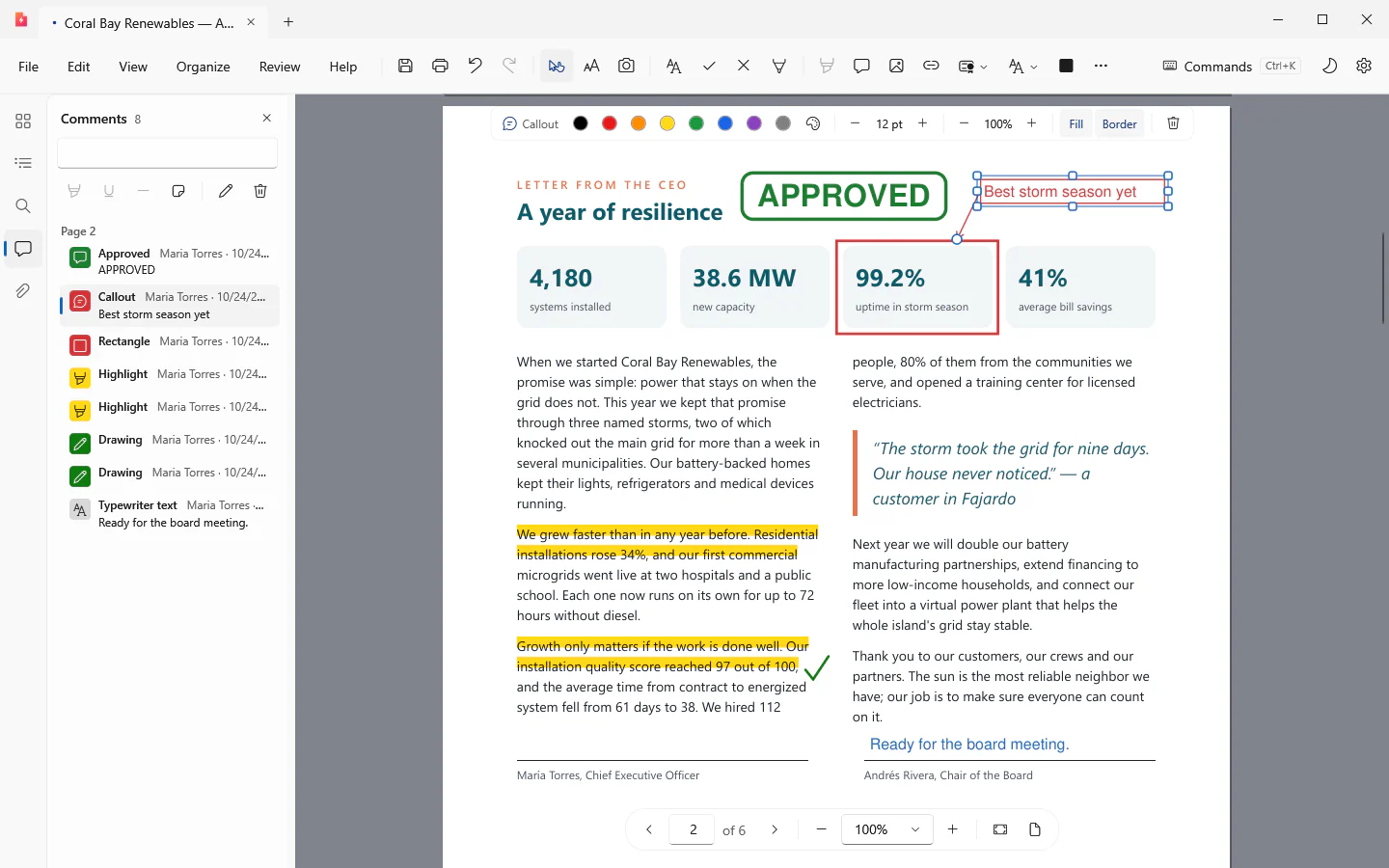 Inkvolt PDF markup: an Approved stamp, highlights, a rectangle, a callout, a pen check mark and a text box, with the style bar and the Comments pane