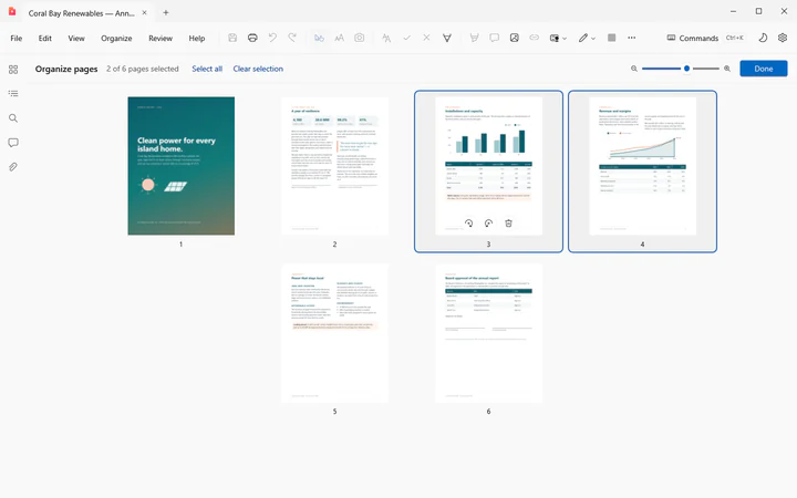 Inkvolt PDF Organize pages: a grid of large pages with two selected, and rotate and delete buttons