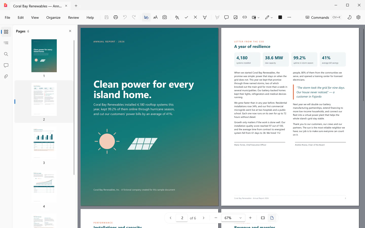 Inkvolt PDF reading a sample annual report in the two-page view, with page thumbnails on the left