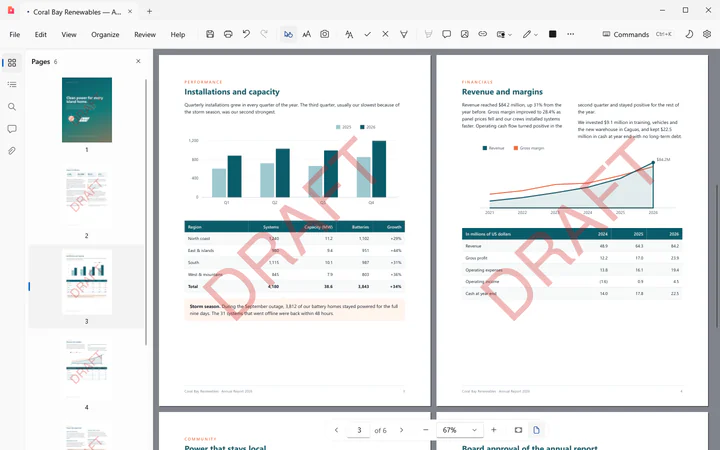 Inkvolt PDF two-page view of a sample report with a DRAFT watermark across both pages