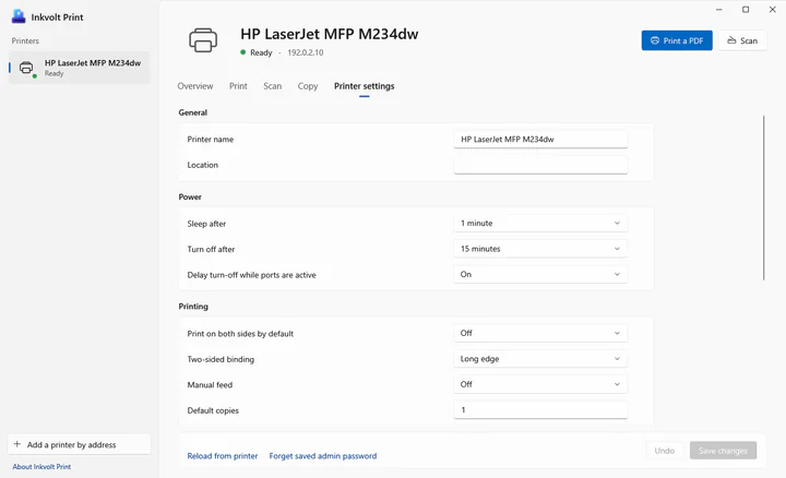 Inkvolt Print printer settings: name, sleep and power, and printing defaults