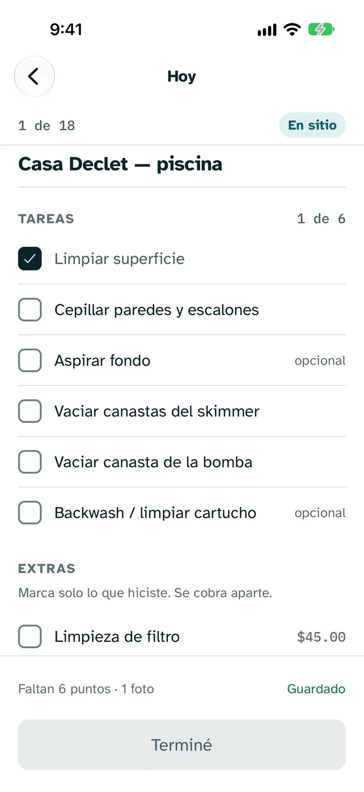 PoolFlow stop screen: the checklist, priced extras, and the save line
