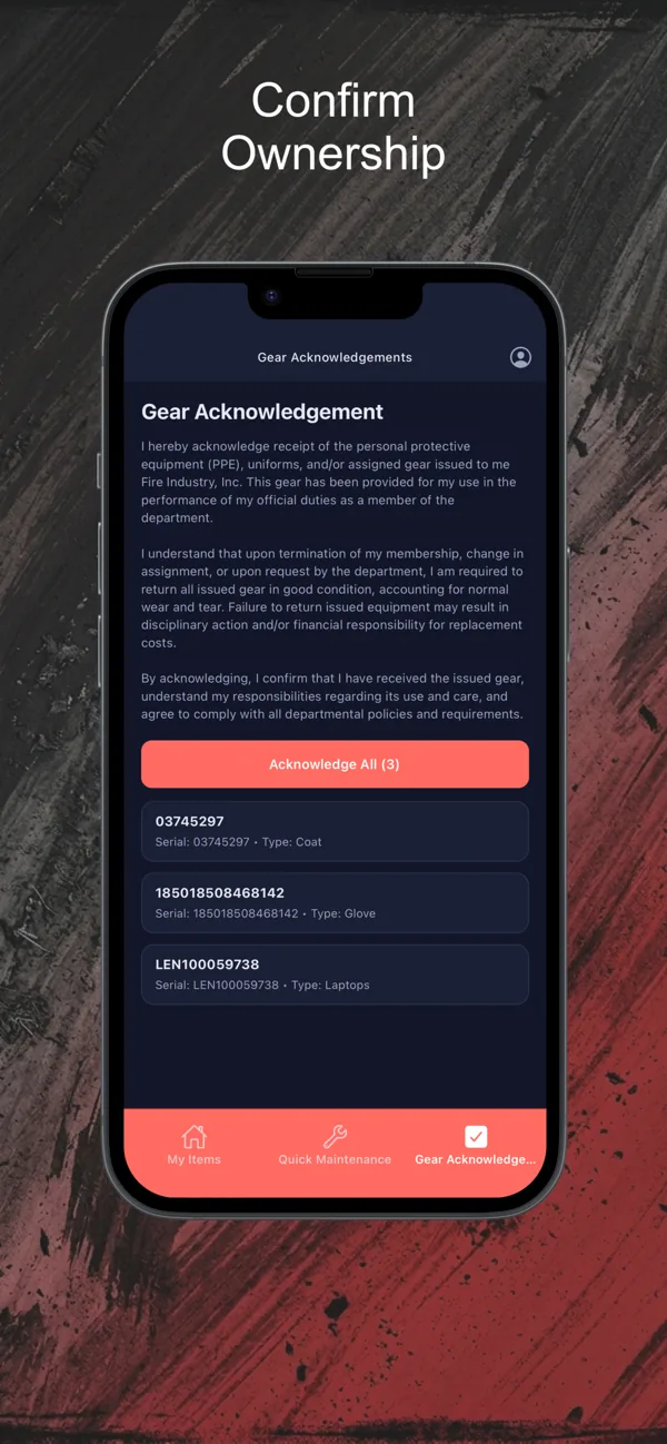 PPE mobile app: acknowledging an inspection result