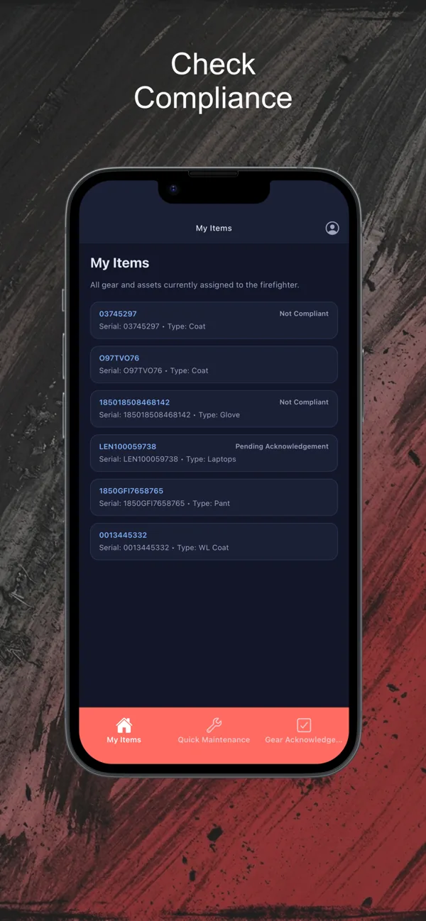 PPE mobile app: the gear items list for a department