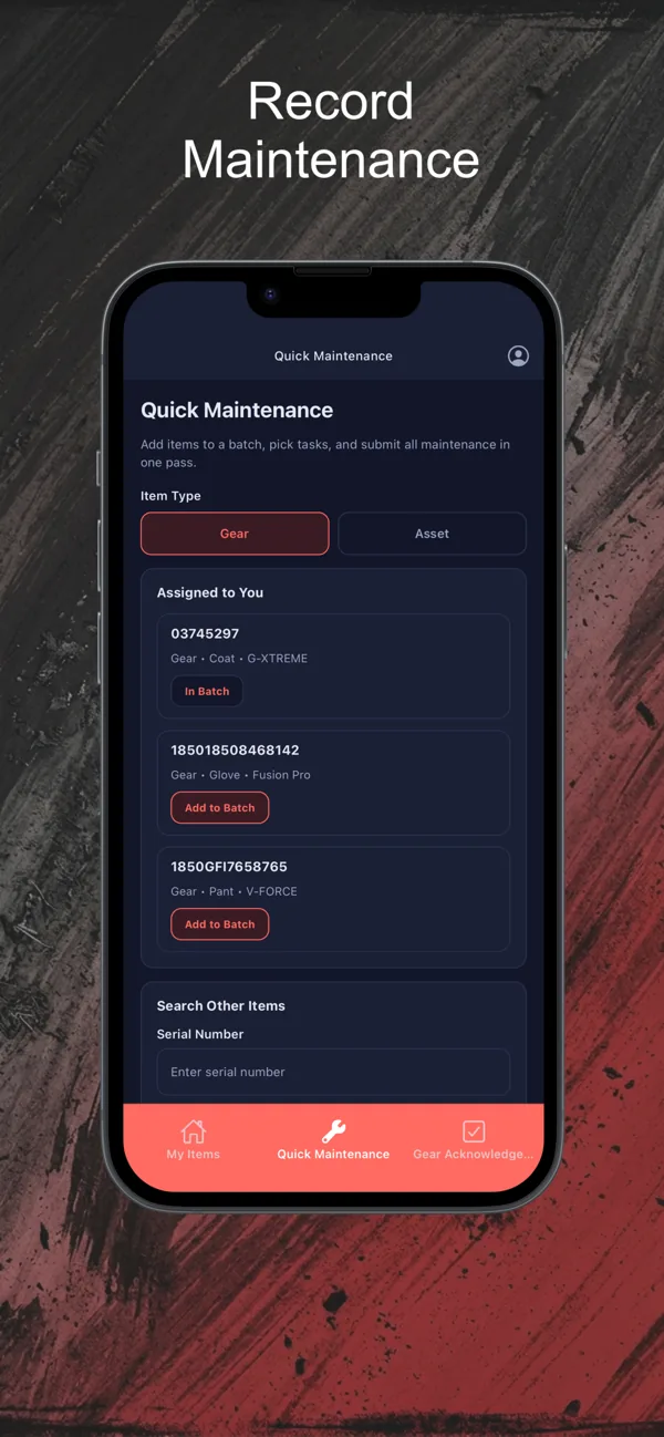 PPE mobile app: logging maintenance on an item